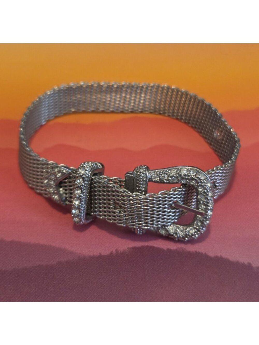 Flexible Silver Tone Mesh 8" Bracelet Crystal Accent Adjustable Buckle